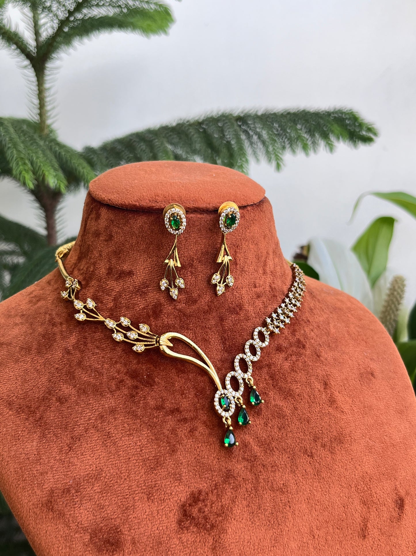 Asymmetric Green Stone Necklace – AD Studded – With Earrings