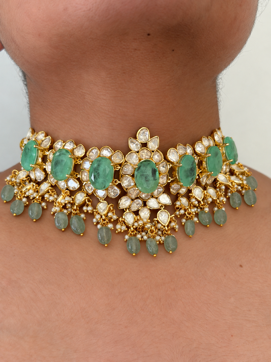 Emerald Polki Choker Necklace Set with Pearl Trim