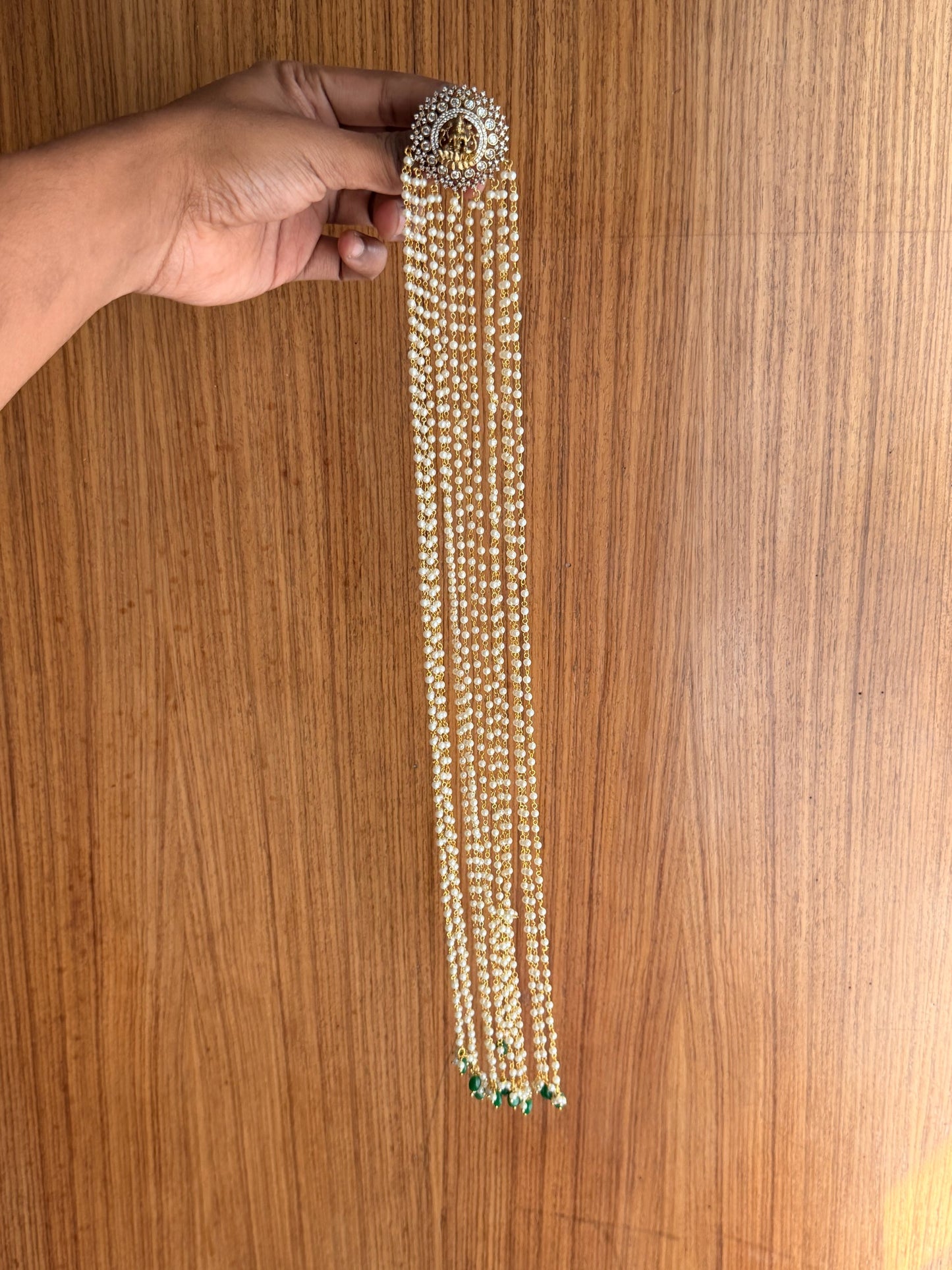 Temple Style Pearl Jada with Green Drops – Bridal Hair Jewellery