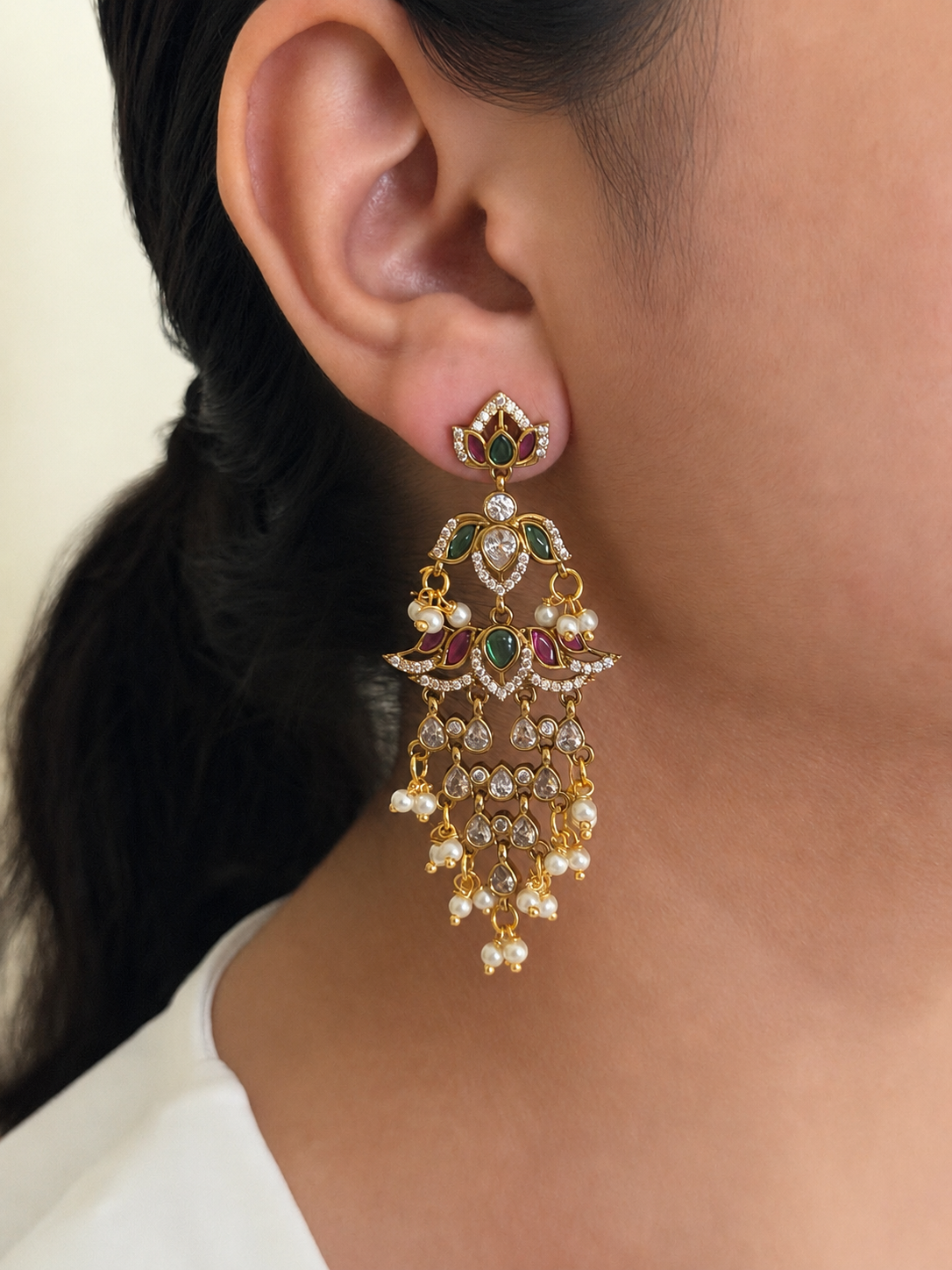 Lotus Ruby Pearl Dangler Earrings