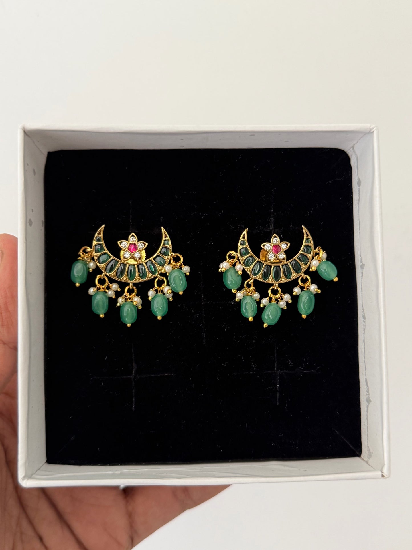 Luxury Kemp Stone Crescent Earrings with Premium Gold Finish