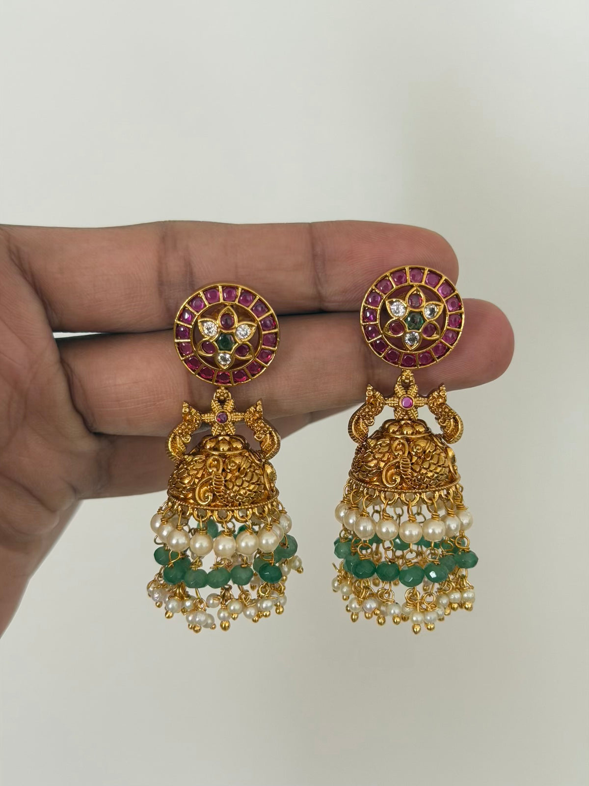 Round Ruby Kemp Stud Peacock Jhumka Earrings with Pearl and Green Bead Drops