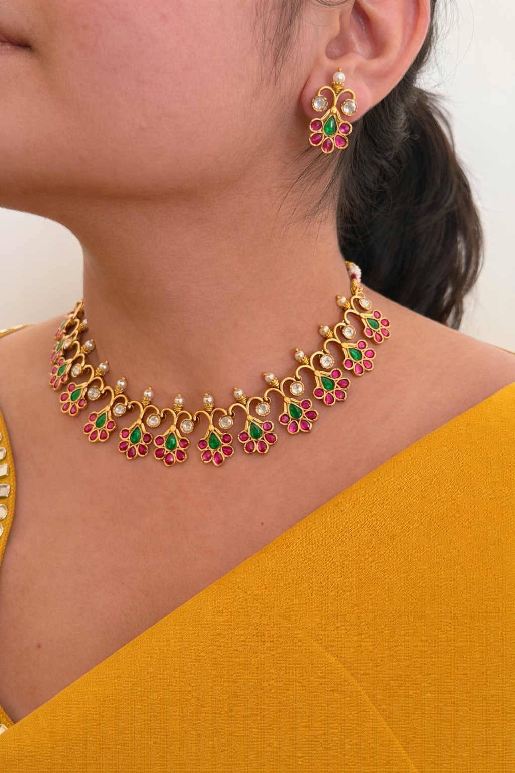 Lightweight Jadau Kundan Necklace Set with Ruby & Emerald Paisley Motifs