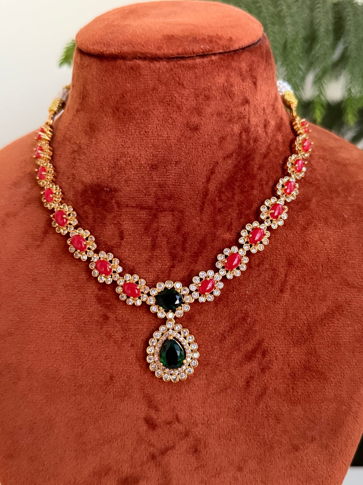 Grandeur Ruby & Emerald Sparkle Necklace Set - Traditional Temple Jewellery Inspired