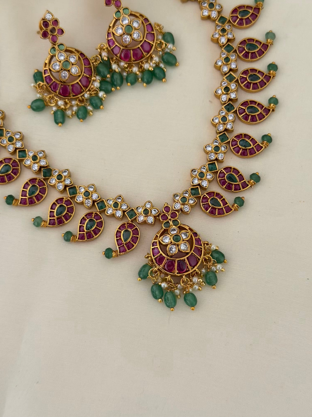 Kemp Mango Motif Necklace Set with Chaandbali Pendant and Emerald Bead Earrings