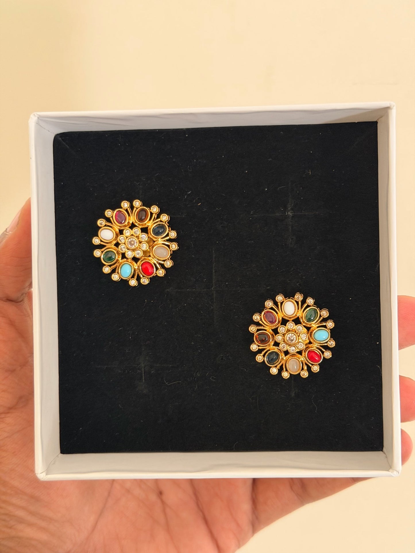 Navratna Stone Stud Earrings in Antique Gold Finish