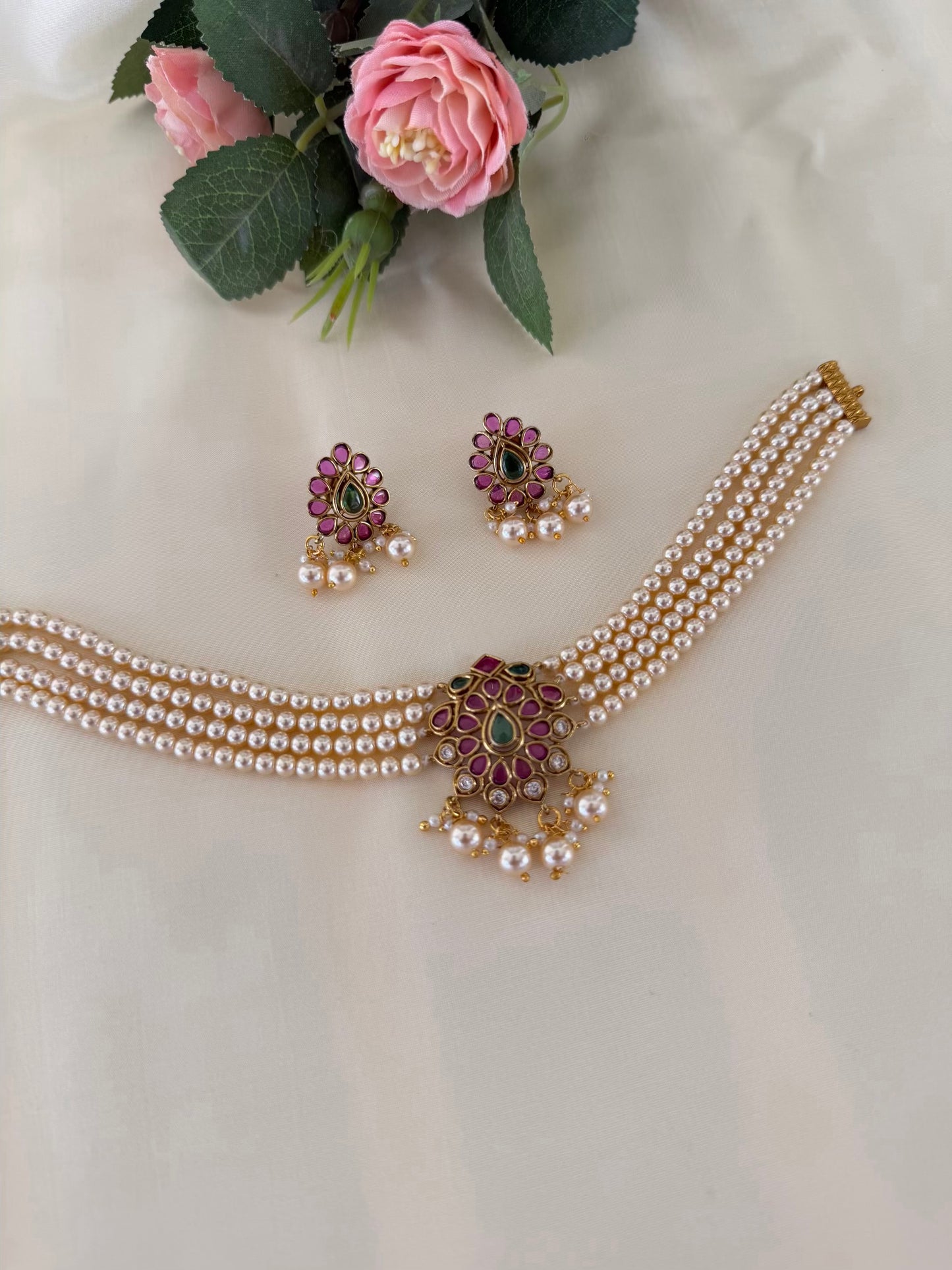 Triple Strand Pearl Floral Necklace Set with Matching Earrings