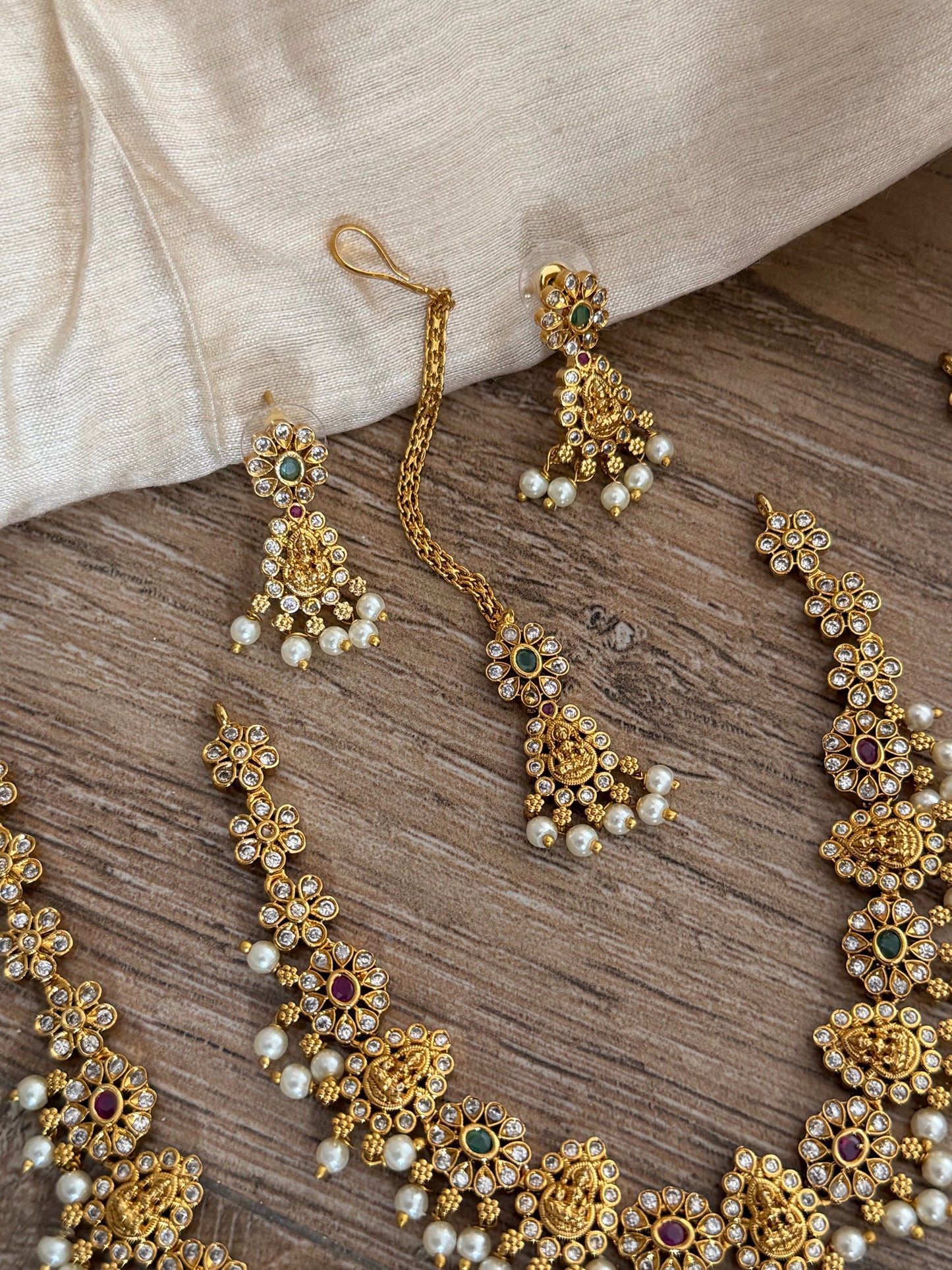 Grand Bridal Temple Jewelry Set with Long Haram & Maang Tikka