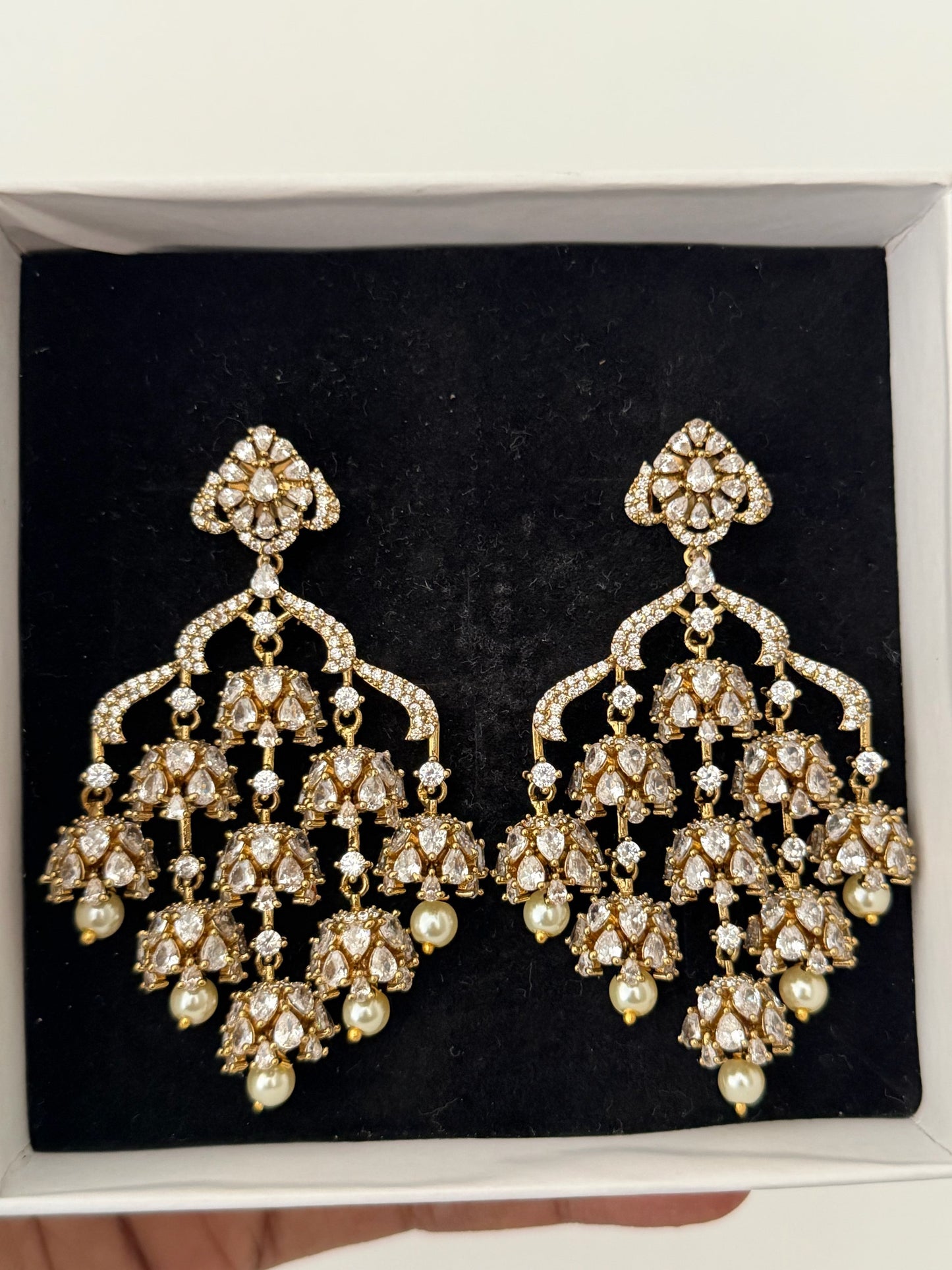 Grand Polki Style AD Chandelier Earrings with Emerald & Pearl Drops