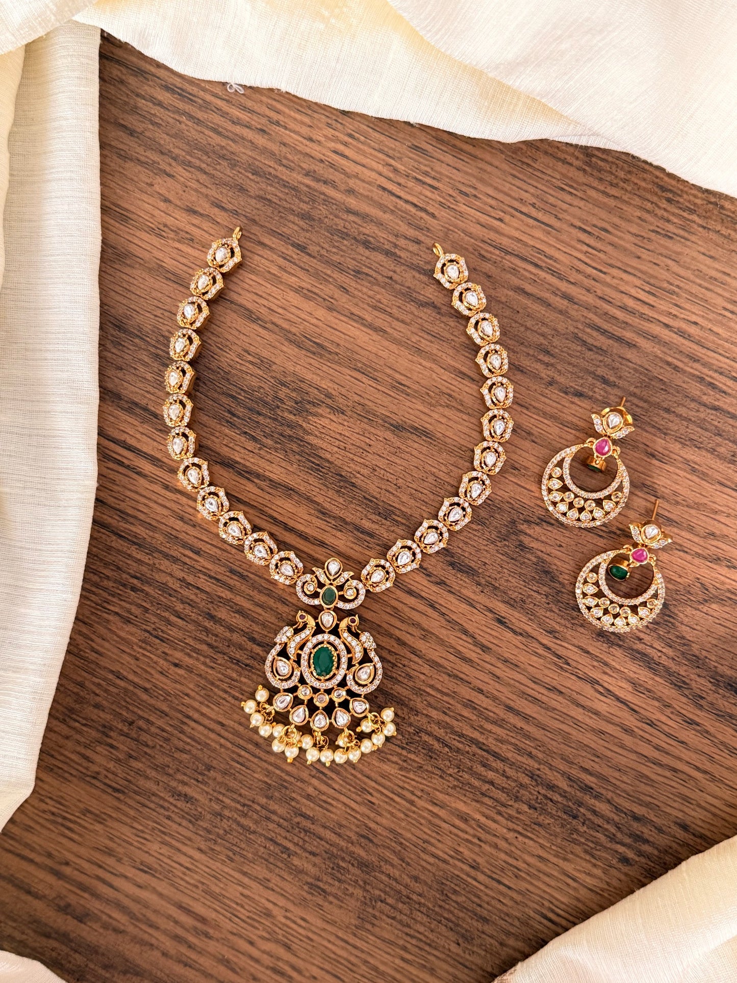 Victorian Peacock Necklace Set with Kundan Stones & Pearl Drops