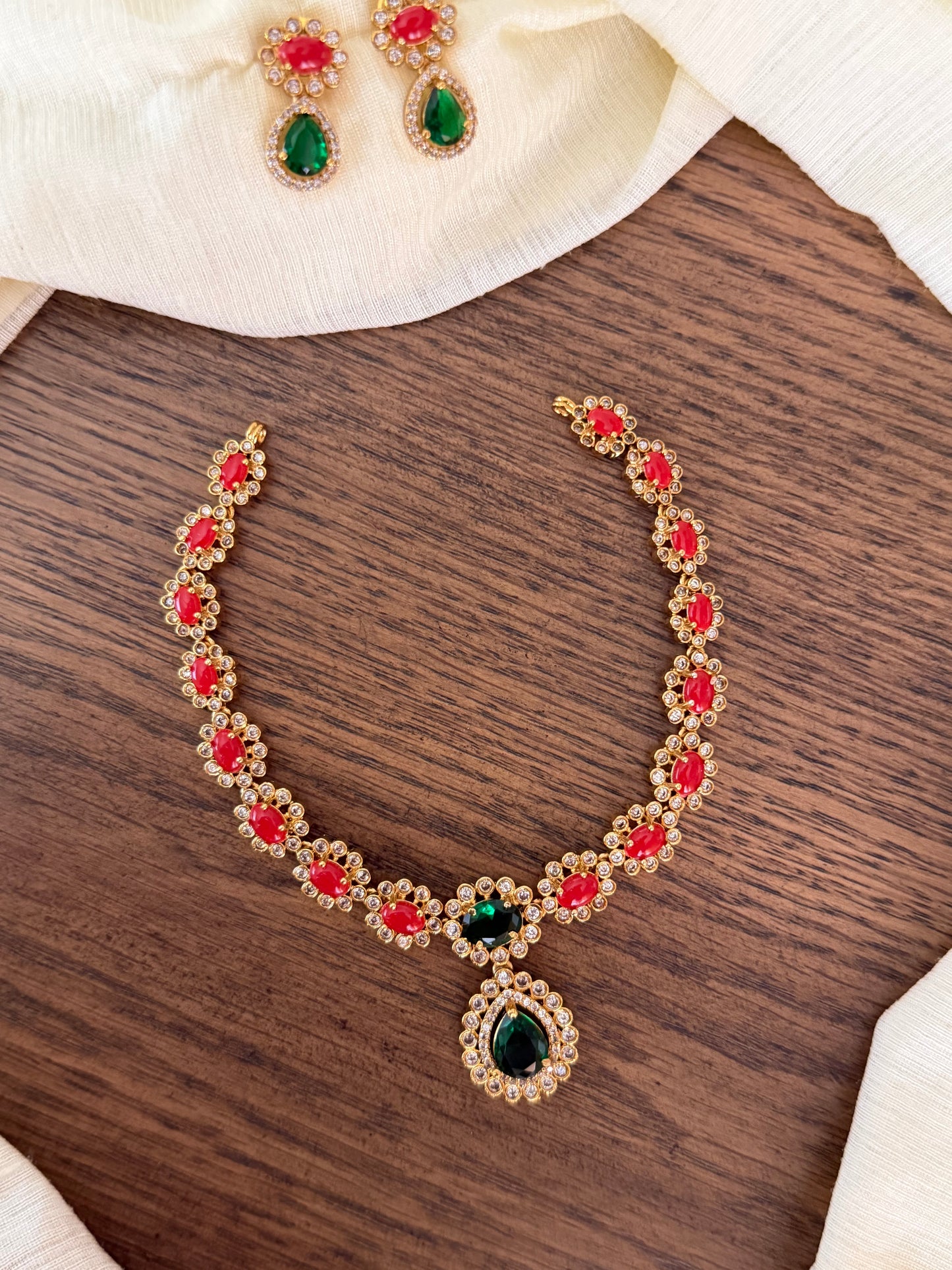 Grandeur Ruby & Emerald Sparkle Necklace Set - Traditional Temple Jewellery Inspired