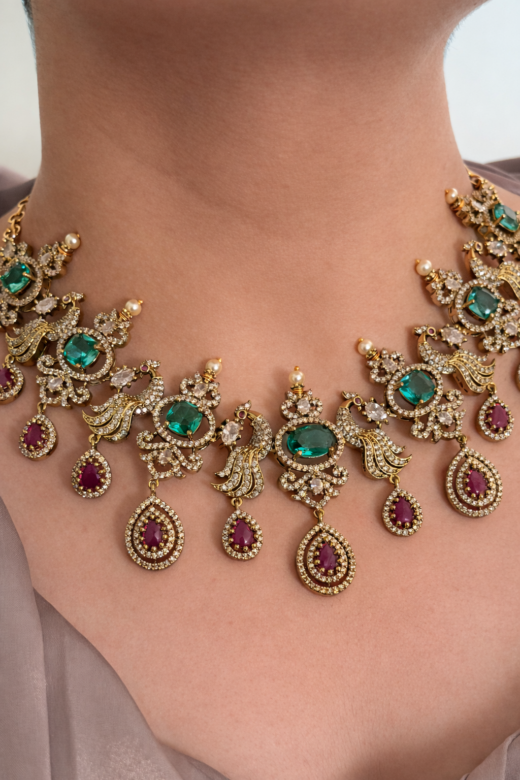 Victorian Peacock Necklace Set with Ocean Blue & Ruby Stones | Premium Plated Bridal & Semi Bridal Jewelry