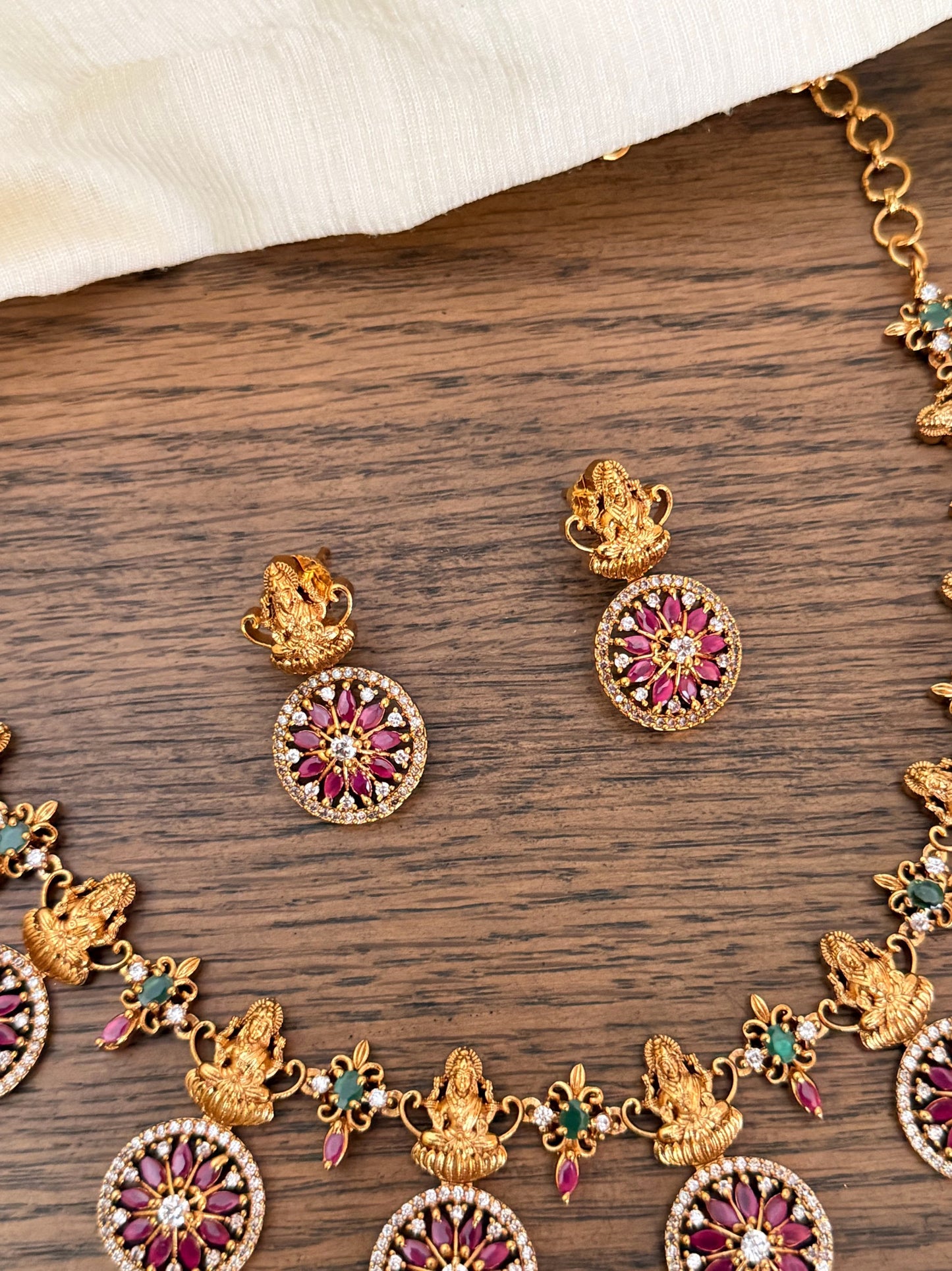 Antique Gold-Plated Lakshmi Temple Jewellery Set with Ruby Floral Medallions