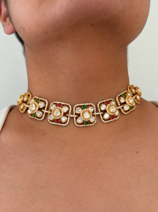 Floral Kundan Link Necklace Set with Ruby & Emerald Accents