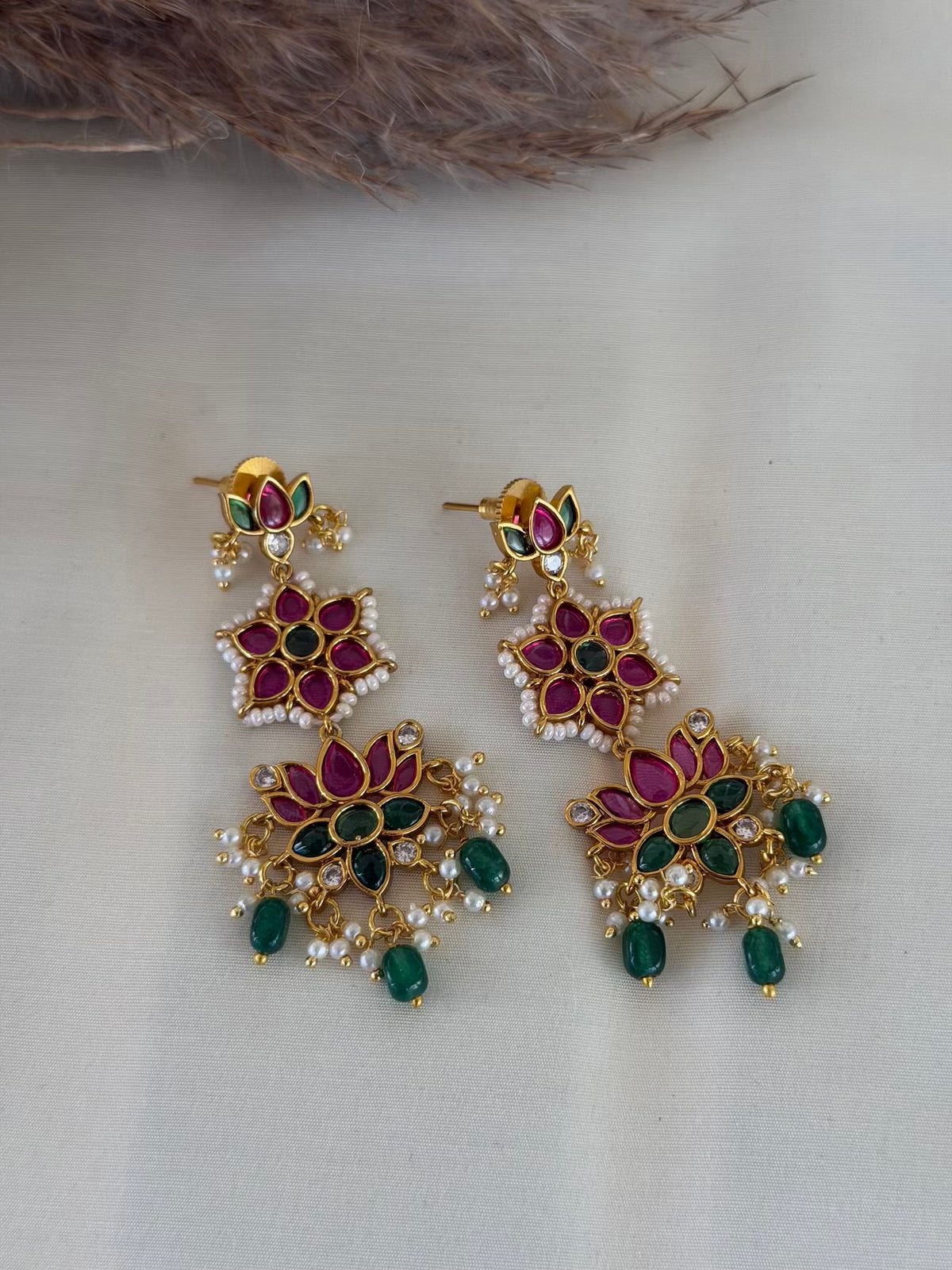 Ruby Emerald Floral Tiered Dangler Earrings with Bead Drops