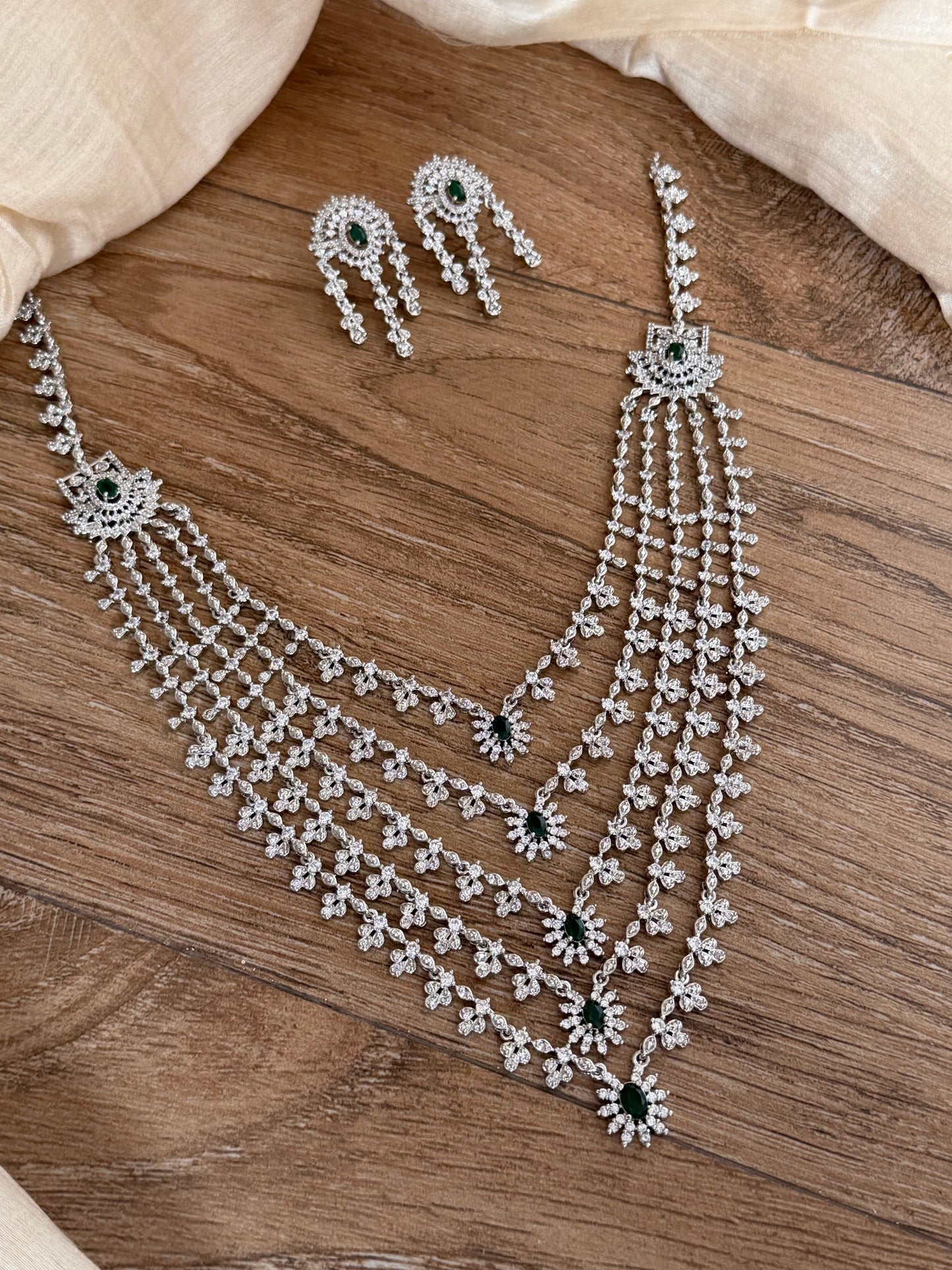Majestic 5-Layer Emerald & CZ Silver-Finish Necklace Set
