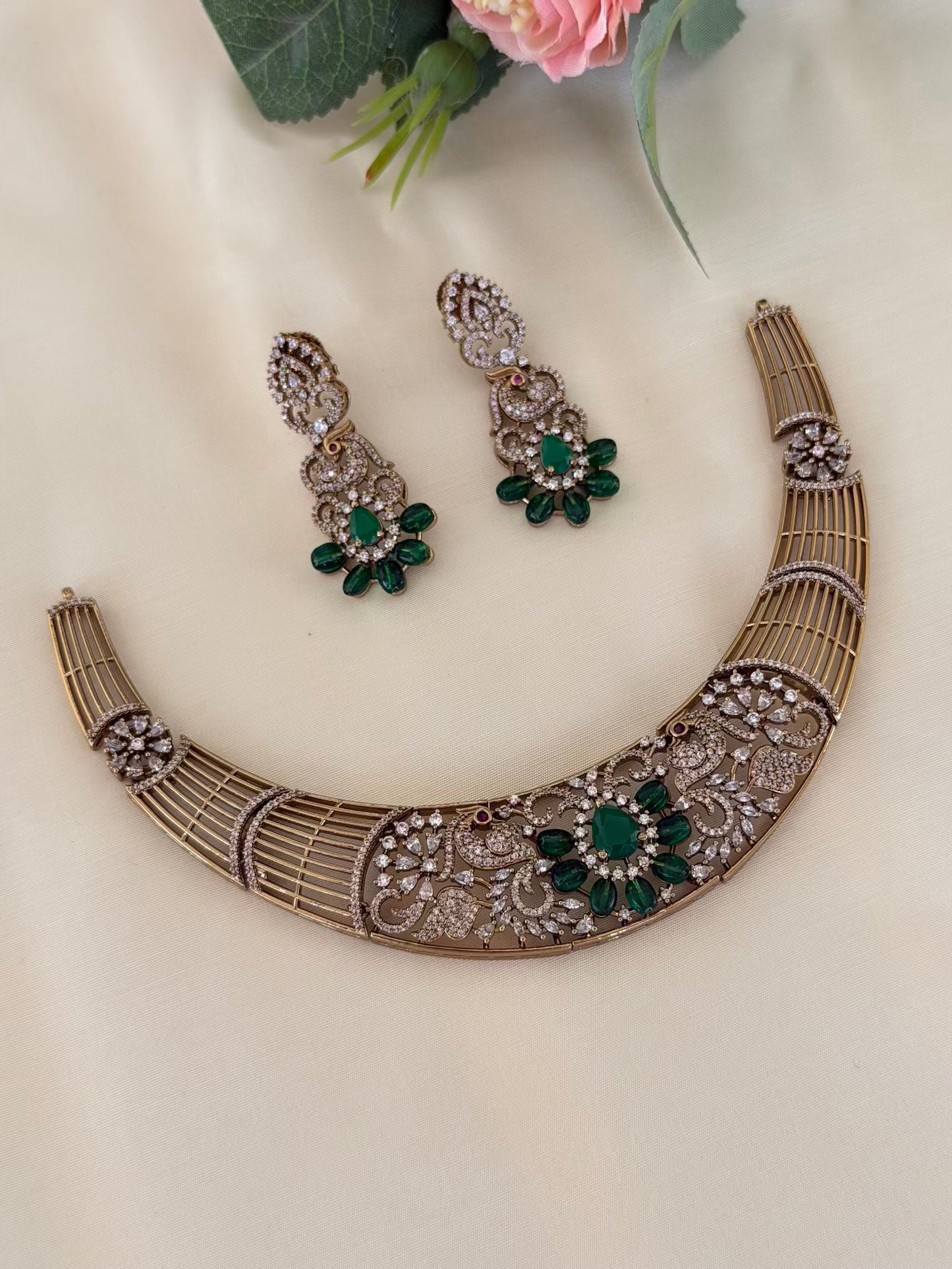Emerald Peacock Kanti Necklace Set with Matching Earrings
