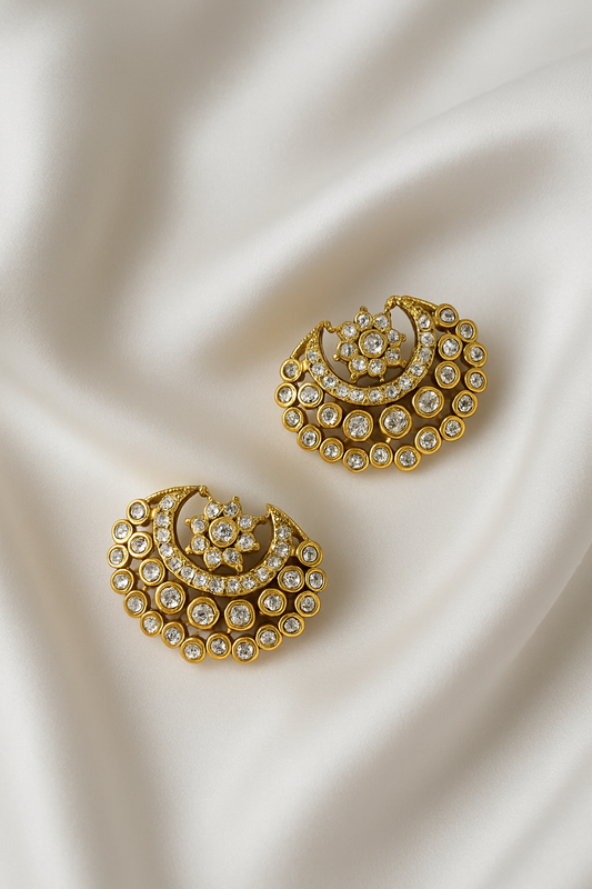 Crescent & Floral CZ Stud Earrings