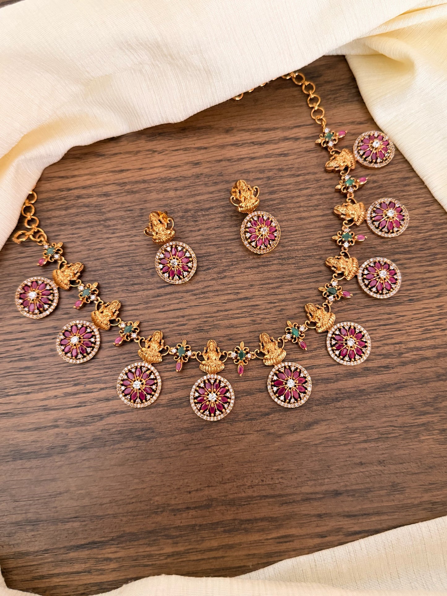 Antique Gold-Plated Lakshmi Temple Jewellery Set with Ruby Floral Medallions