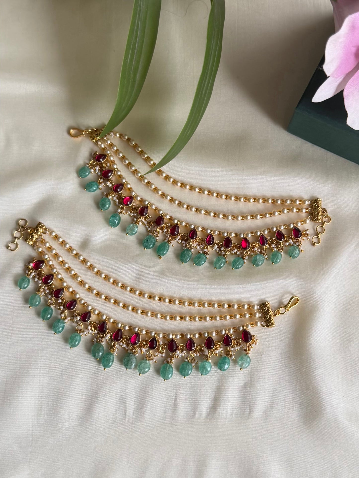 Jadau Kundan Pearl Bead Ear chains