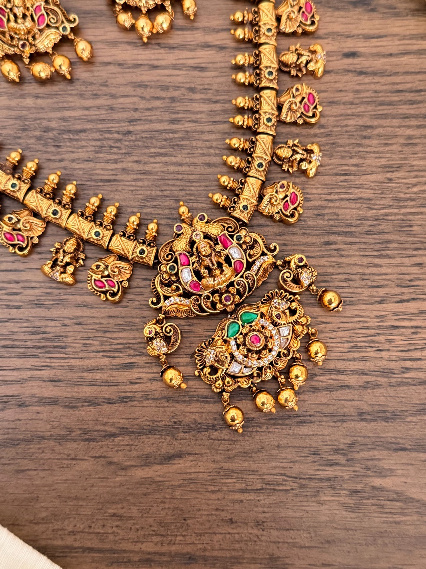 Antique Jadau Kundan Lakshmi Temple Jewelry Set | Handcrafted Nakas Necklace with Matching Jhumka Earrings
