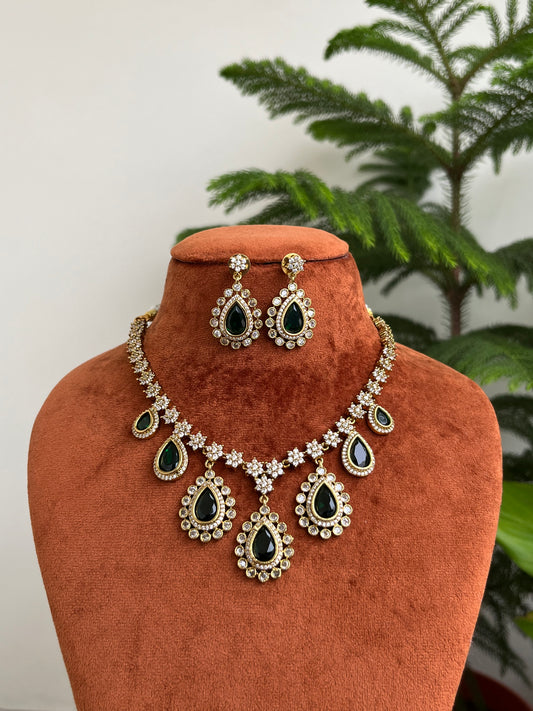 Green Stone Drop Necklace Set with Earrings | American Diamond Jewellery
