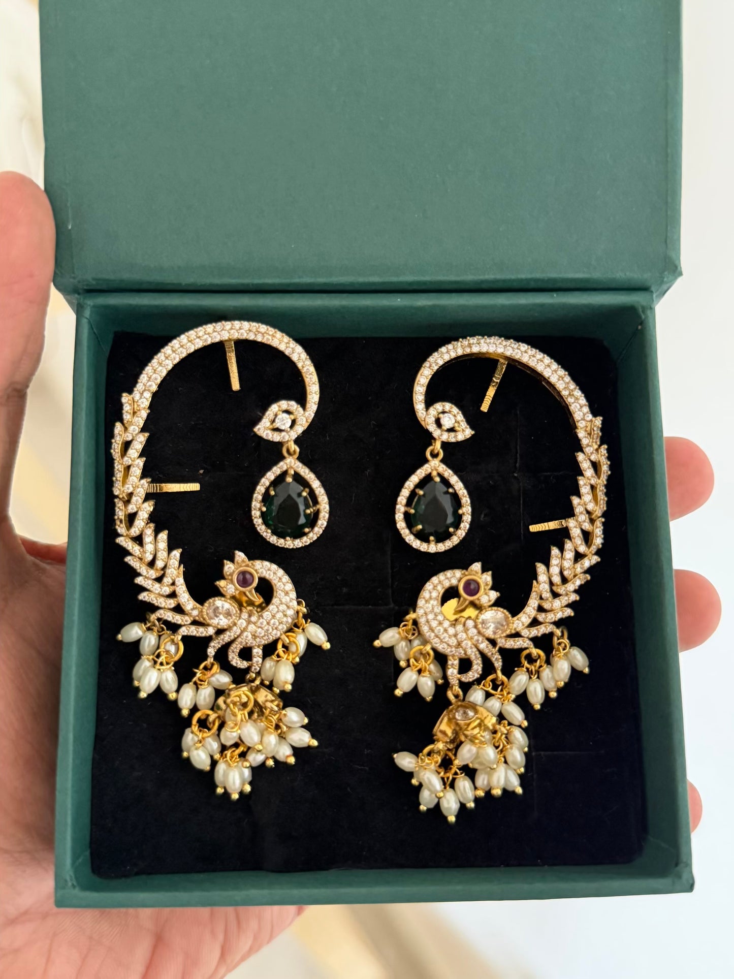 Luxury Peacock Earcuff Earrings with Premium Finish AD Stones