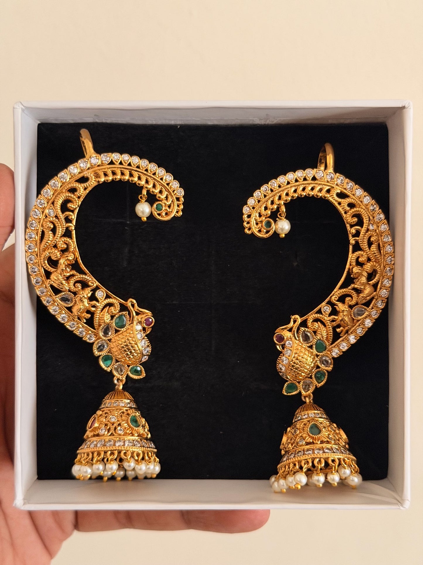 Crescent Moon Filigree Drop Earrings with Gold Detailing
