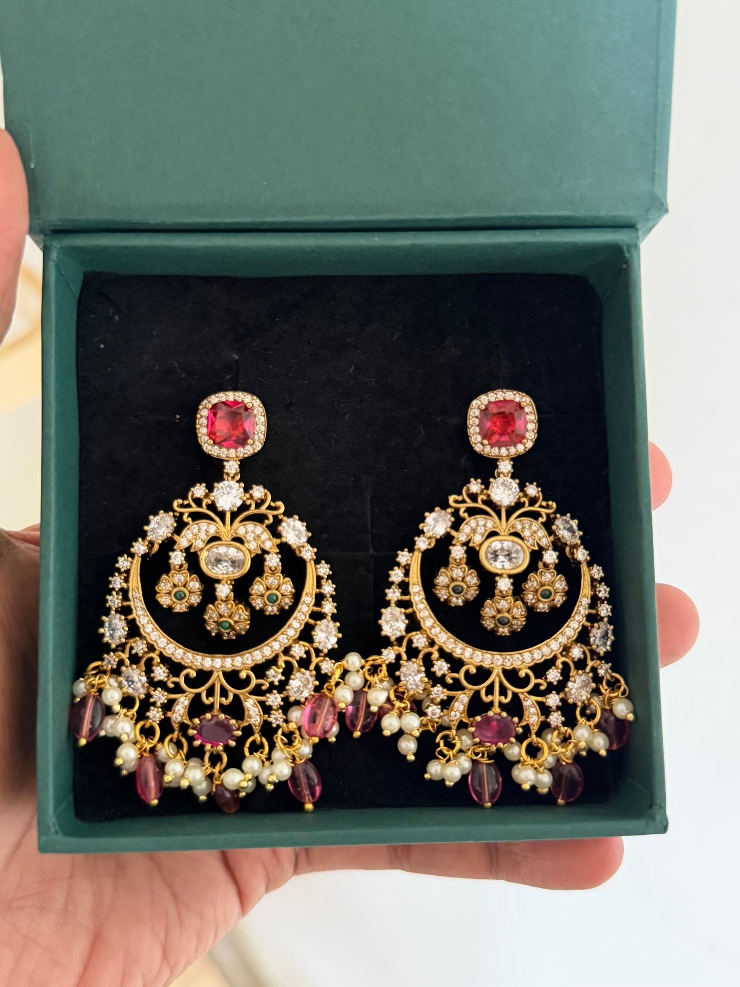 Moissanite Chaandbali Earrings with Pearls & Green Monalisa Beads