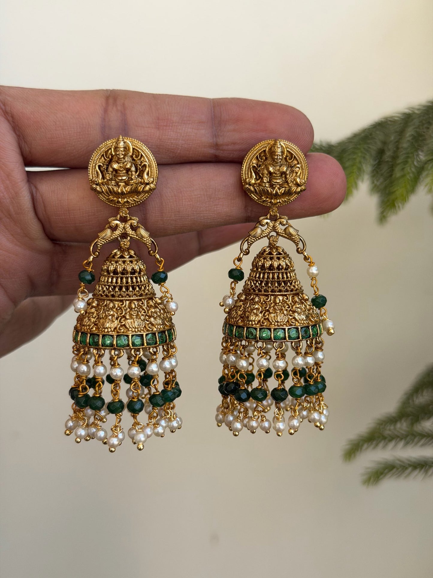 Antique Gold Lakshmi Temple Jhumka Earrings with Emerald Green Beads & Pearls