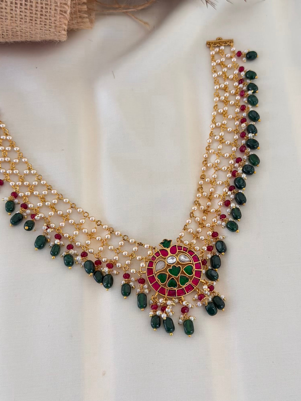 Jadau Kundan Multi-Strand Pearl Necklace with Emerald Fringe