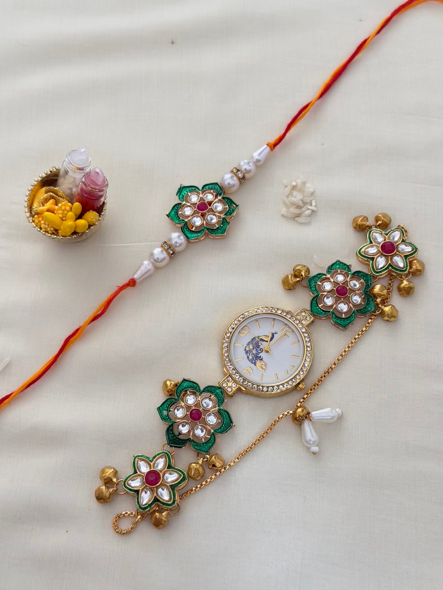 Green Kundan Rakhi & Peacock Dial Bracelet Watch Combo – All Green Floral