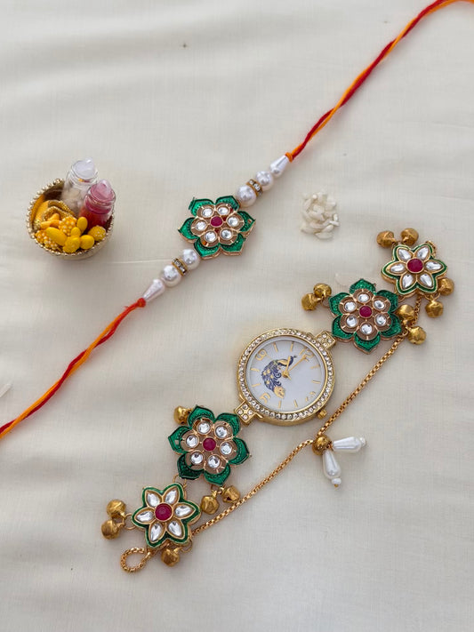 Green Kundan Rakhi & Peacock Dial Bracelet Watch Combo – All Green Floral