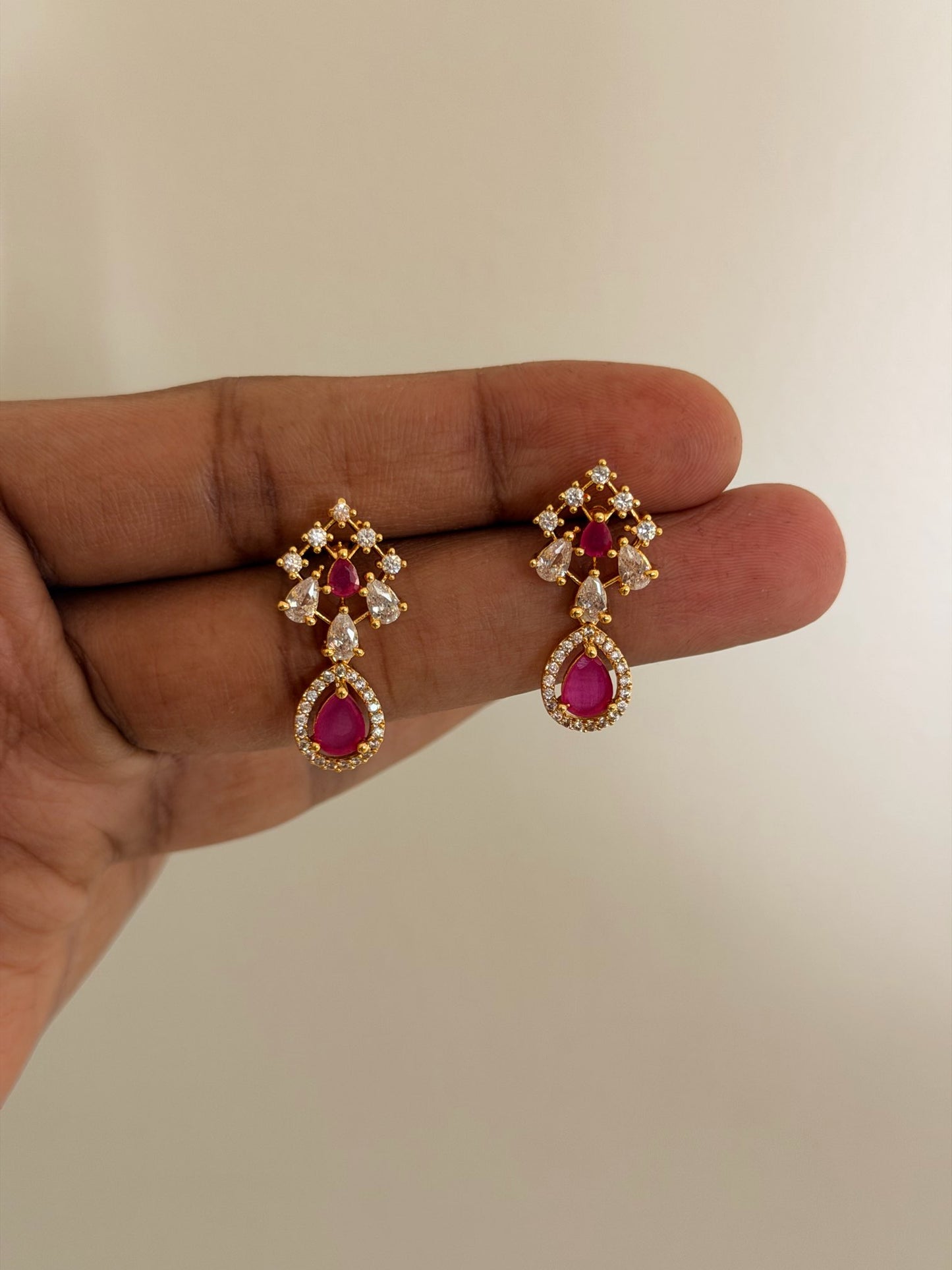 Small Stone Drop Earrings with CZ Detailing (Ruby, Green & Multi)