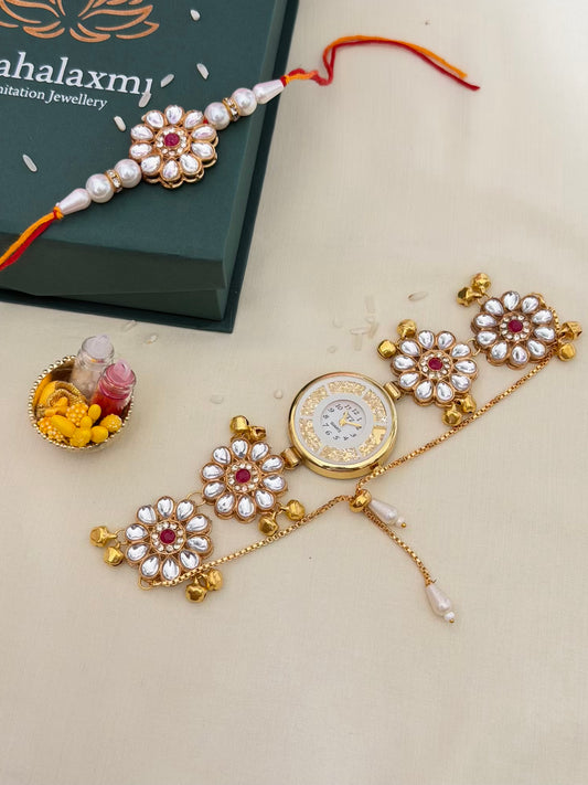 White Kundan Pearl Rakhi & Gold Dial Kundan Bracelet Watch Combo