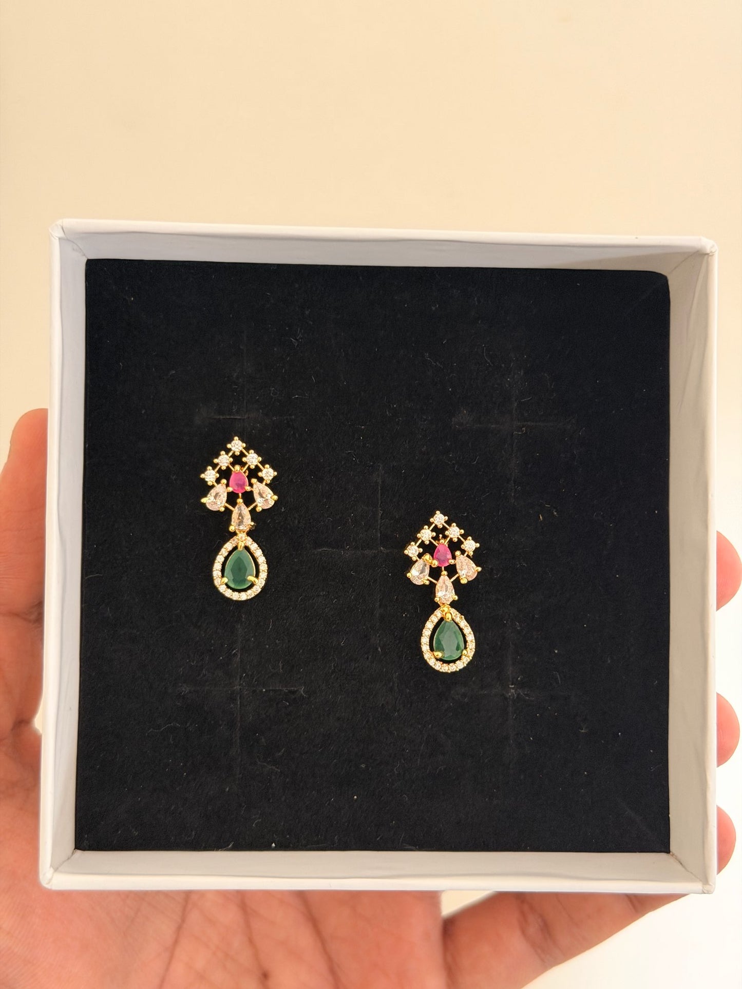 Small Stone Drop Earrings with CZ Detailing (Ruby, Green & Multi)