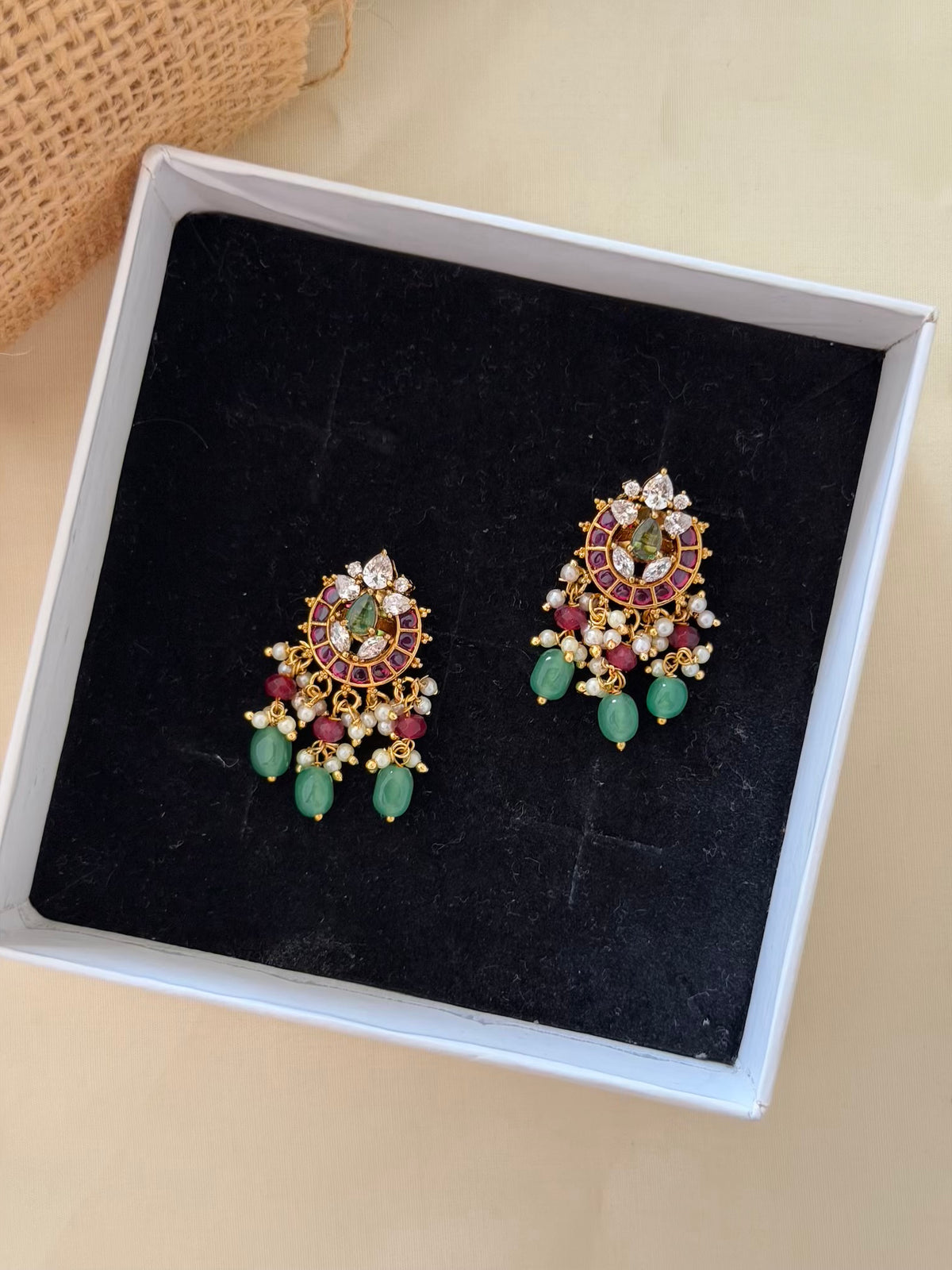 Round Ruby Kemp Stud Earrings with CZ Crown and Mint Green Bead Drops