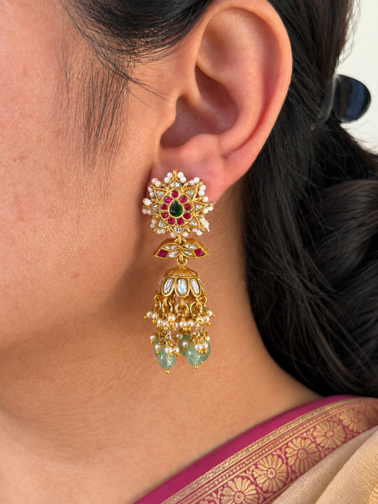 Jadau Kundan Ruby Emerald Jhumka Earrings with Pearl Fringe