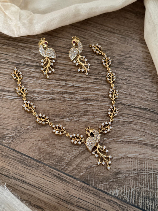 Elegant Peacock Design CZ Studded Premium Necklace Set