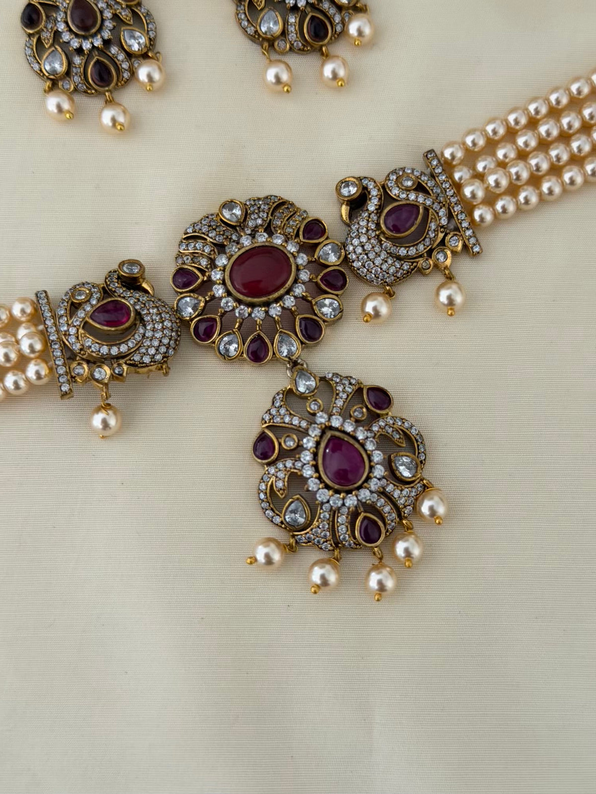Victorian Peacock Pearl Choker Set with Ruby Stones and Pearl Drop Earrings