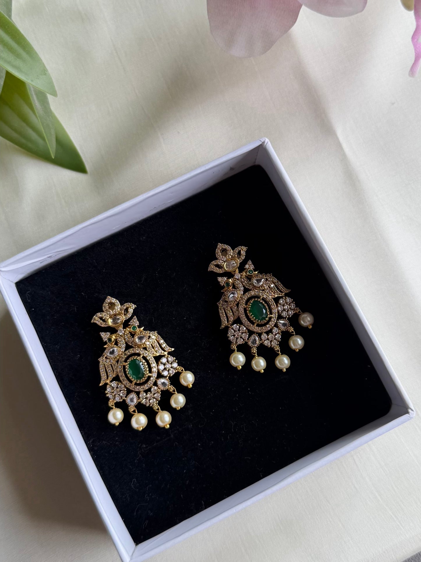Green Peacock CZ Dangler Earrings