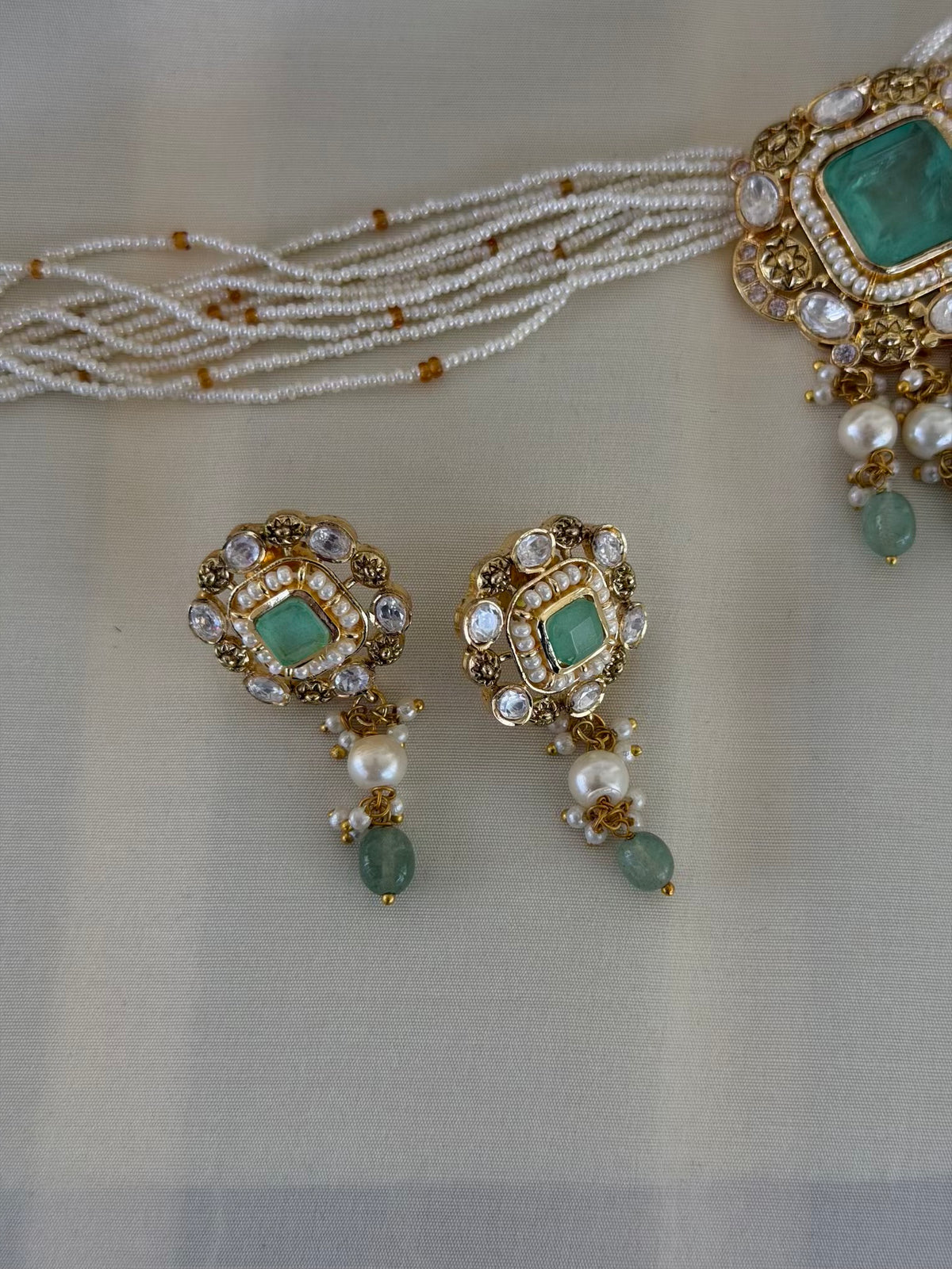 Kundan Emerald Floral Necklace Set with Stud Earrings