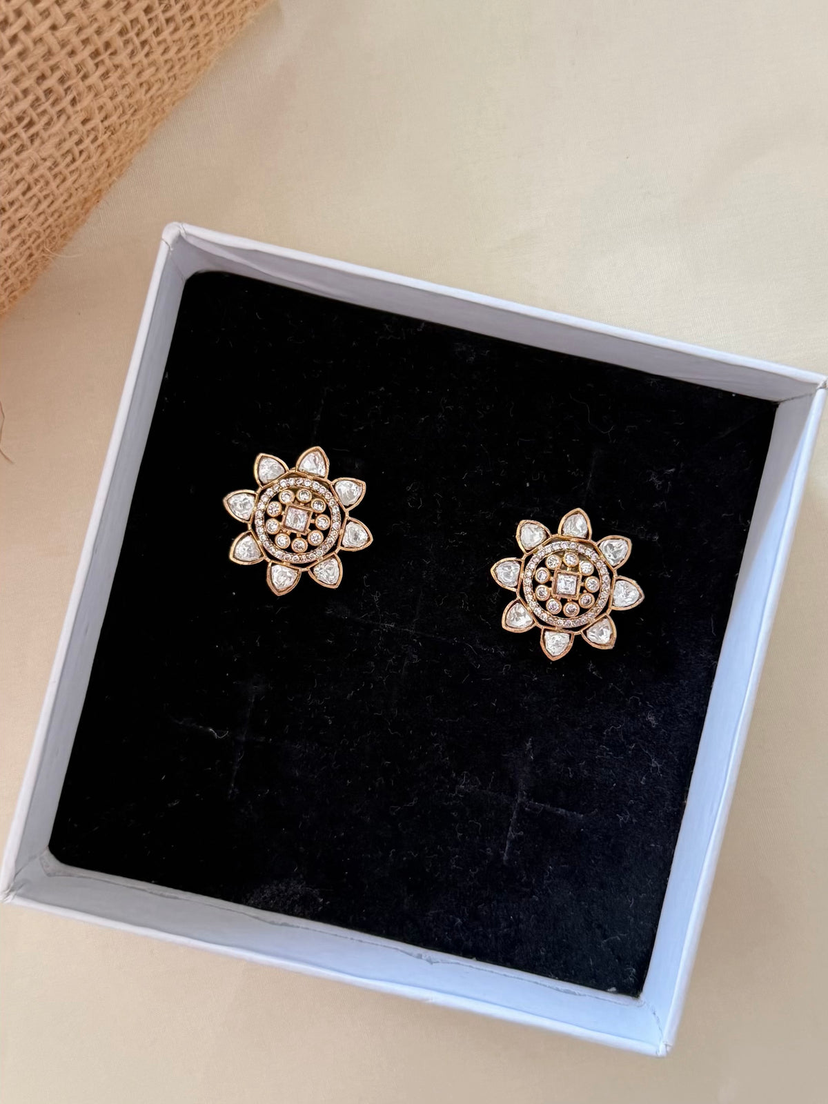 Moissanite Floral Stud Earrings with Square Centre Stone and Round Stone Halo