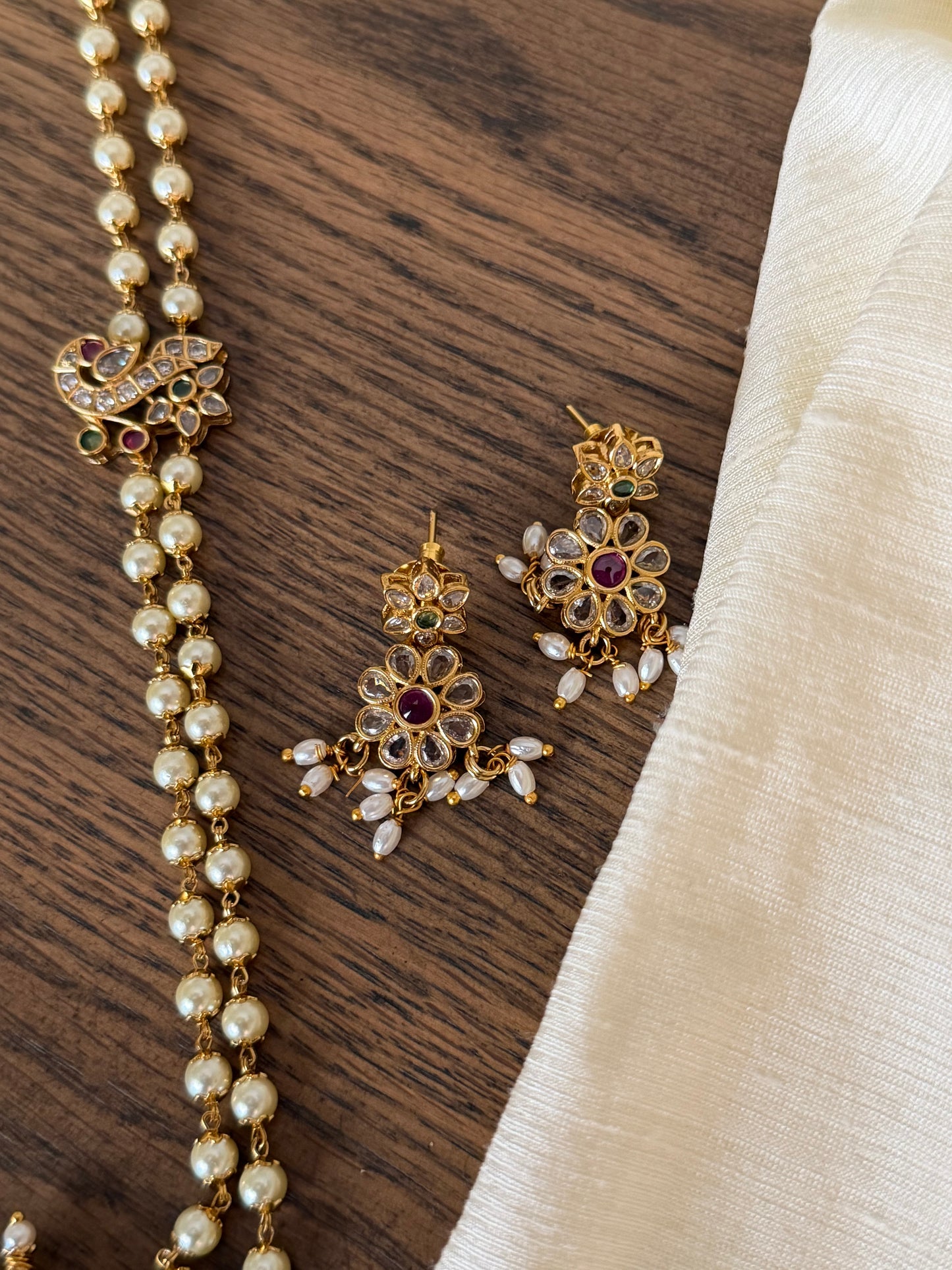 Traditional Kemp and Pearl Long Haram Necklace Set