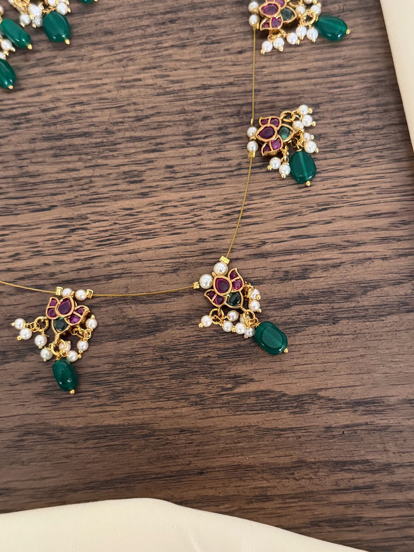 Lotus Motif Ruby & Emerald Invisible Chain Necklace with Pearl Drops