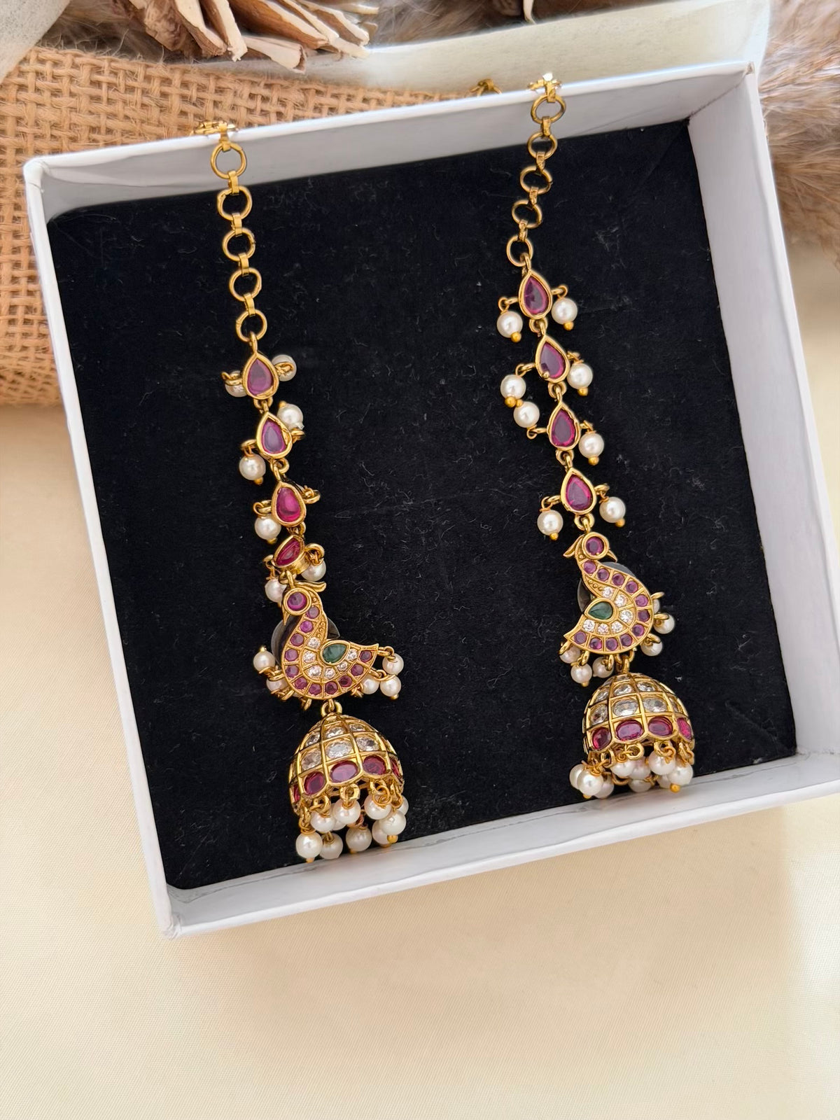 Peacock Jhumka Earrings with Kemp Ear Chain and Pearl Drops