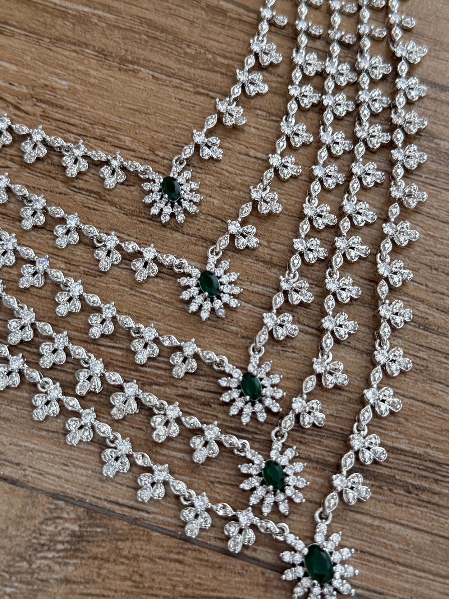 Majestic 5-Layer Emerald & CZ Silver-Finish Necklace Set