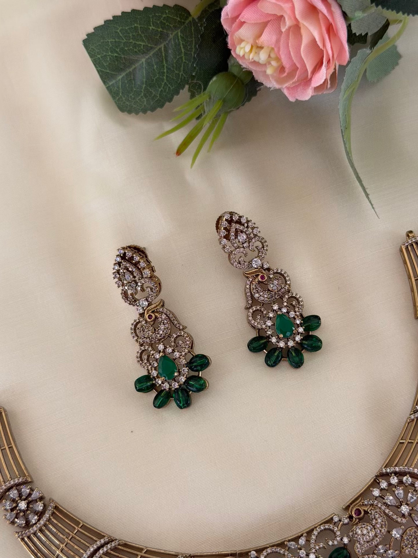 Emerald Peacock Kanti Necklace Set with Matching Earrings
