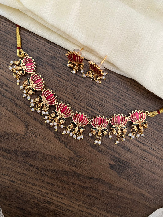 Red Lotus Choker Necklace Set with Pearls | Hand-Painted Meenakari | Antique Gold Finish
