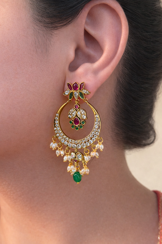 Lotus Chandbali Drop Earrings with Emerald Accents and Pearl Fringe